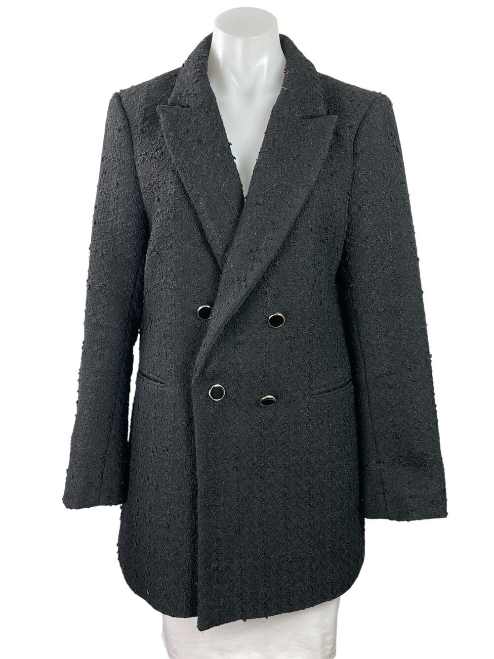 H&M Women's Black Tweed Textured Double Breasted Peak Lapel Blazer Coat Jacket L